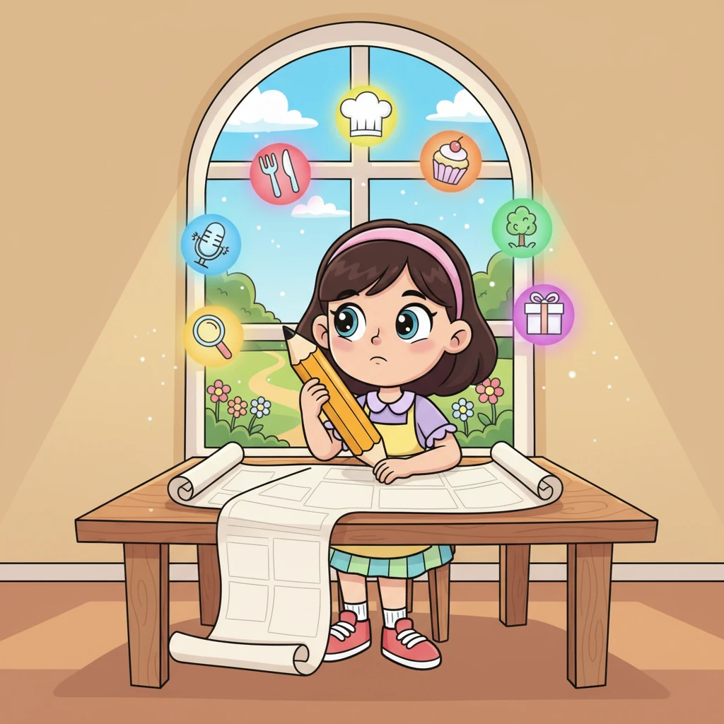 One sunny morning, Doodle Dee decided to create the ultimate 'restaurant experience website' – not a real website, but a grand plan for a dream restaurant, broken into seven amazing sections. She tapped her pencil thoughtfully, ready to begin her biggest project yet.