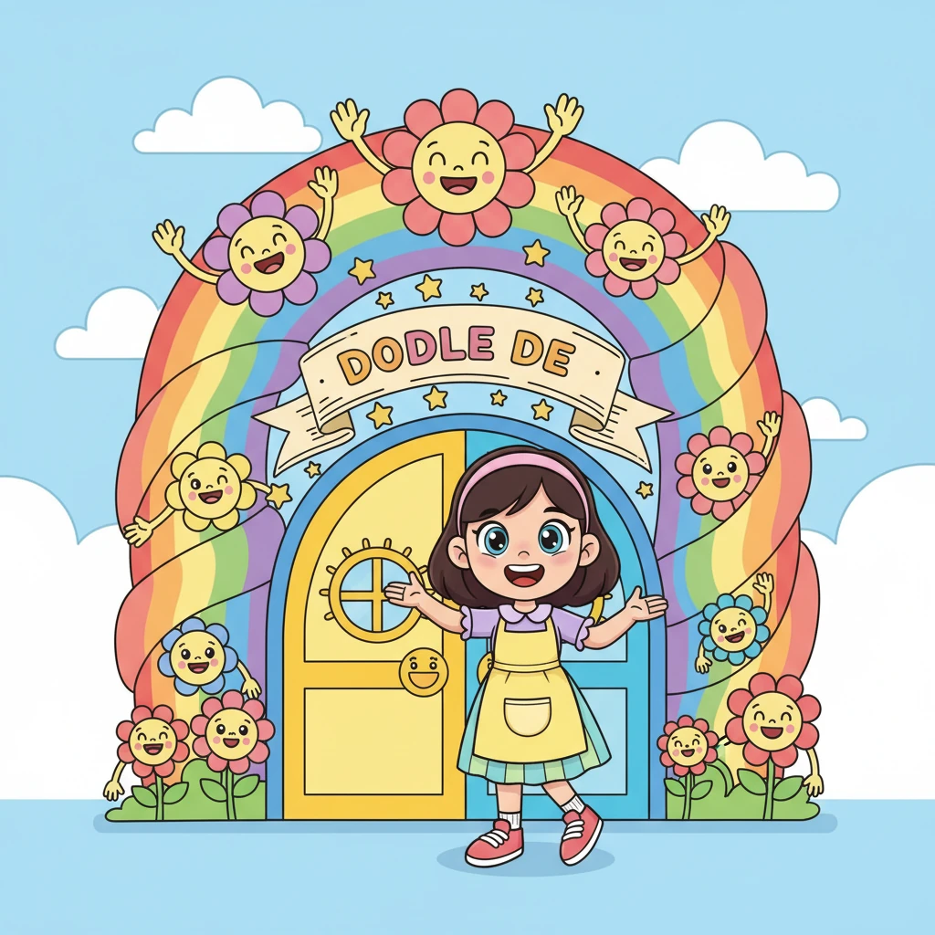 First, she designed the Grand Entrance. It was a swirling, rainbow archway with friendly flowers waving hello, inviting everyone inside with a cheerful 'Welcome!' The doors were big and bright, promising fun.