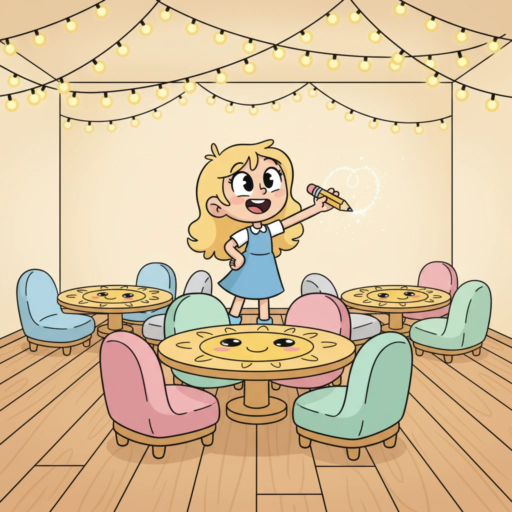 Next came the Cozy Dining Room. Doodle Dee drew soft, cloud-like chairs around tables shaped like smiling suns. Twinkling fairy lights hung from the ceiling, making the whole room feel warm and magical, perfect for happy meals.
