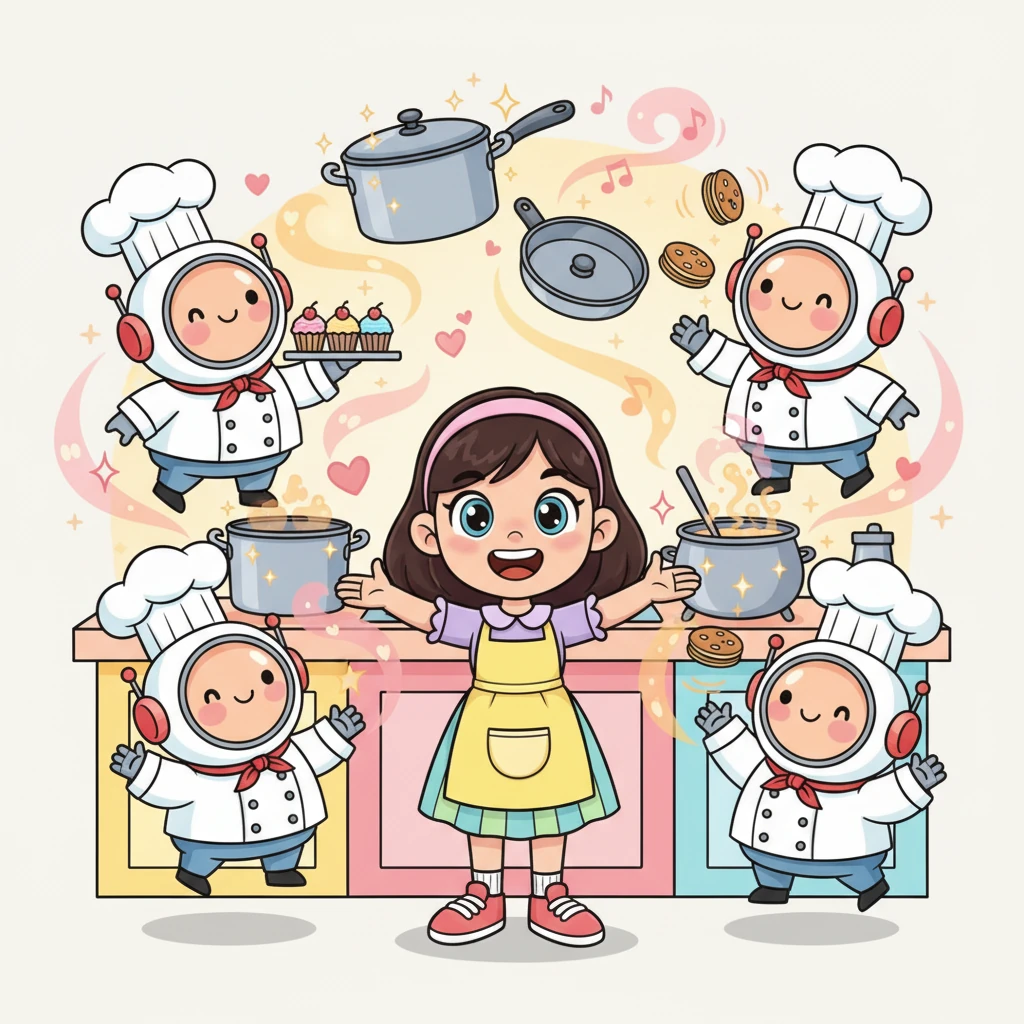She then imagined the Sparkling Kitchen, a place of pure magic. Shiny pots and pans gleamed, while happy chef robots with big smiles cooked up delightful treats, sending delicious aromas wafting through the air.