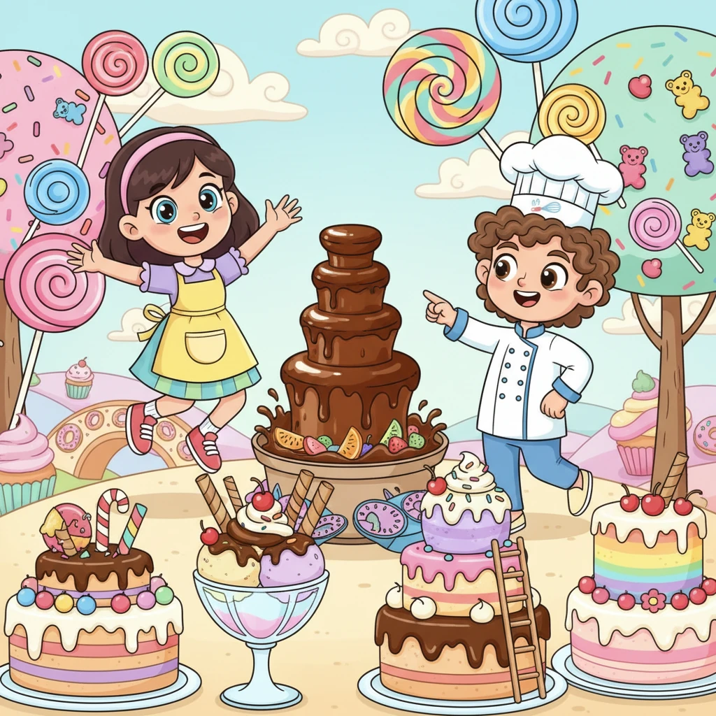 The Sweet Dessert Corner was a dream come true, filled with towering ice cream sundaes and rainbow cakes. Doodle Dee drew a chocolate fountain gurgling happily and candy trees blooming with lollipops.