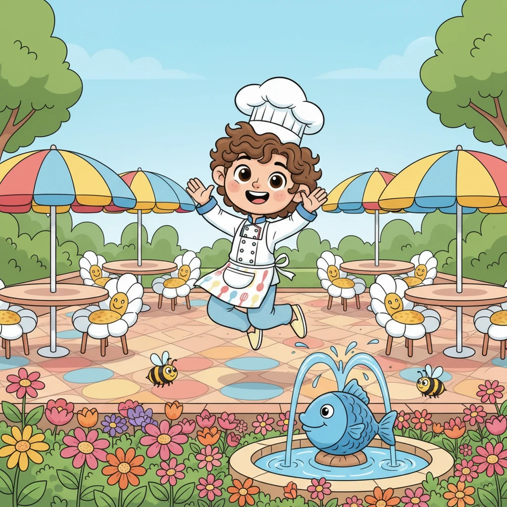 Outside, Doodle Dee designed the Sunny Outdoor Patio. It had cheerful umbrellas, bouncy chairs, and a little fountain shaped like a friendly fish, surrounded by blooming flowers and buzzing bumblebees.
