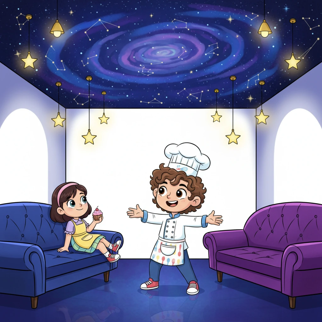 Finally, for the Starry VIP Lounge, Doodle Dee created an exclusive space with plush velvet sofas and ceilings painted like a galaxy. Little star-shaped lamps cast a soft glow, making it feel very special and fancy.