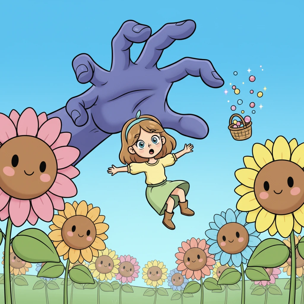 Elara skipped through a field of enormous, candy-colored sunflowers, humming a happy tune as she gathered sparkly dewdrop berries for her grandmother. Suddenly, a giant, shadowy hand, comically large with swirly fingers, reached out from behind a particularly tall sunflower and scooped her right off her feet! Her berry basket flew into the air, scattering its glittering contents like confetti.