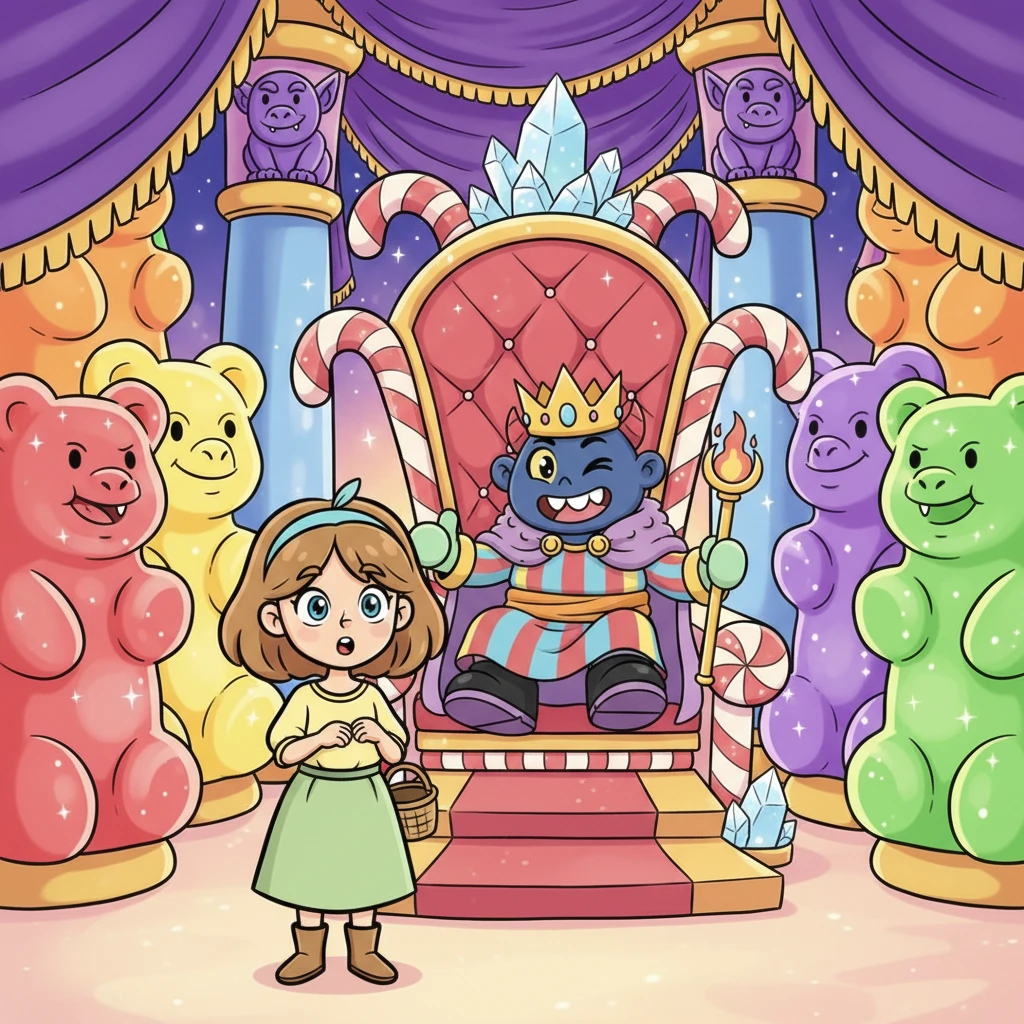 Elara slowly blinked her eyes open, finding herself not in a dark, scary dungeon, but in the most spectacularly colorful throne room she had ever imagined. Giant gummy bear pillars sparkled, and friendly, grinning gargoyles perched on velvet drapes. Atop a ridiculously grand, slightly lopsided throne sat a figure with magnificent, spiraling horns and a surprisingly cheerful grin – it was RM, the legendary Demon King, winking playfully.