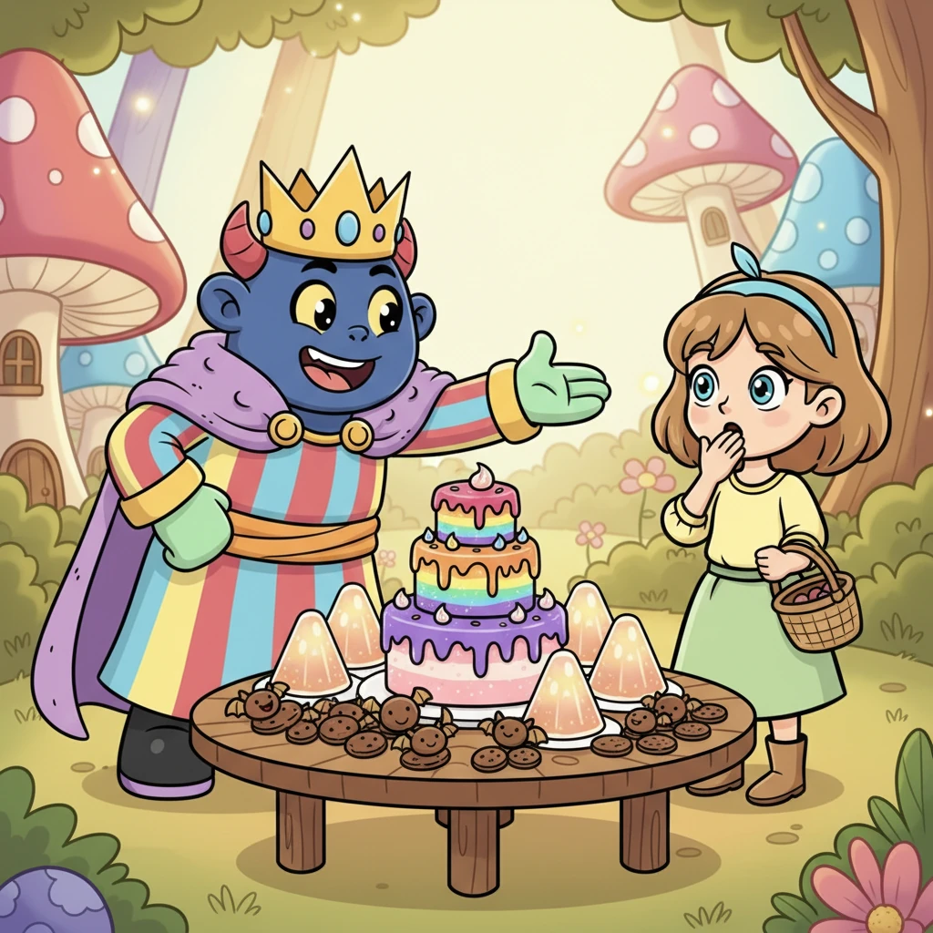 RM, with a dramatic flourish, gestured towards a table laden with fantastical treats: rainbow-swirled cakes, shimmering jelly pyramids, and cookies shaped like tiny, happy dragons. He leaned forward, his huge, expressive eyes twinkling with amusement, inviting Elara to partake in the unexpected feast. Elara, still a little bewildered but undeniably curious, felt a tiny giggle bubble up inside her.