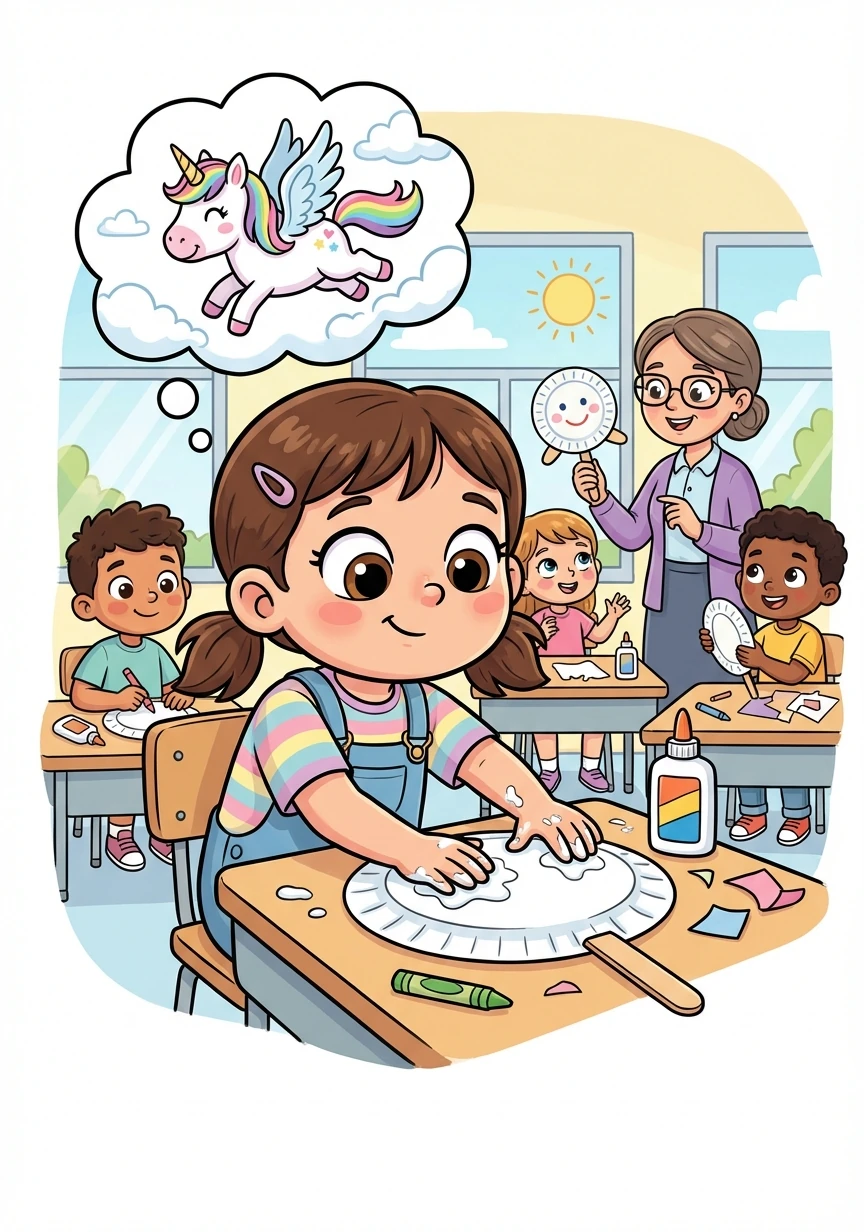 Penny sat in Mrs. Gable's second-grade class, daydreaming about flying unicorns. Mrs. Gable announced, "Today, we're going to glue the bottom of our paper plate to a popsicle stick to make a puppet."