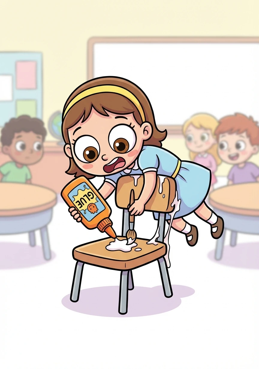 Mrs. Gable continued, "Now, I want everyone to glue bottom to a chair!" Penny, always eager to follow instructions, took the command literally.