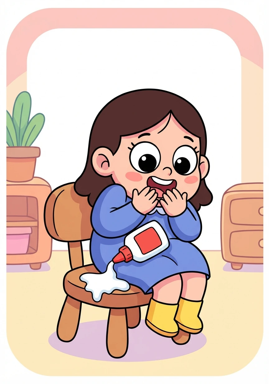 Penny carefully squeezed a generous amount of glue onto the bottom of her chair. She then sat down, giggling to herself, proud of following instructions so well.