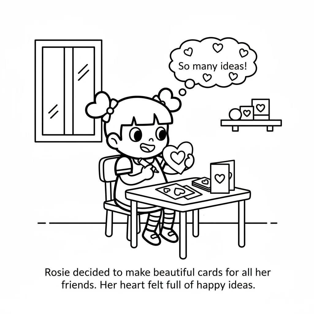 Rosie decided to make beautiful cards for all her friends. She wanted each card to show how much she cared. Her heart felt full of happy ideas.