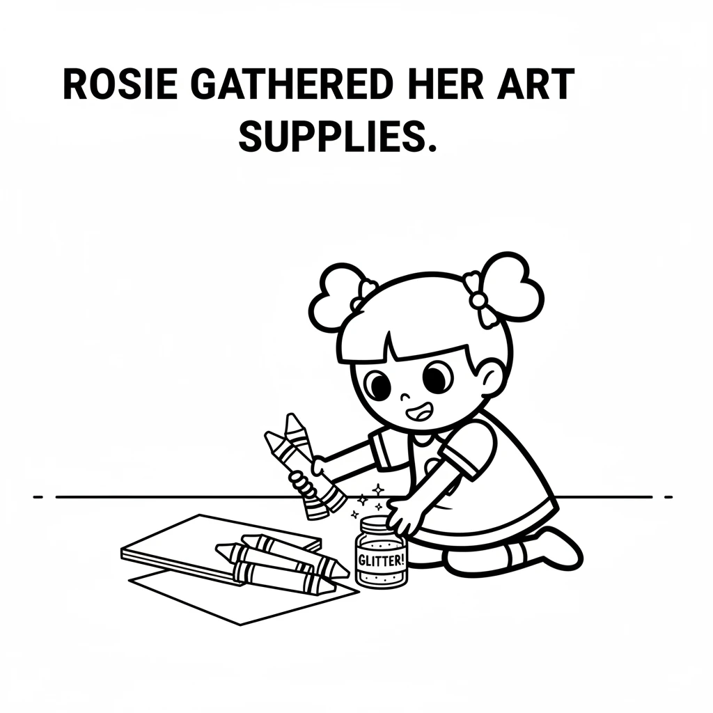 First, Rosie gathered her art supplies. She found colorful paper, big crayons, and a tiny pot of sparkling glitter. Everything was ready for her creat