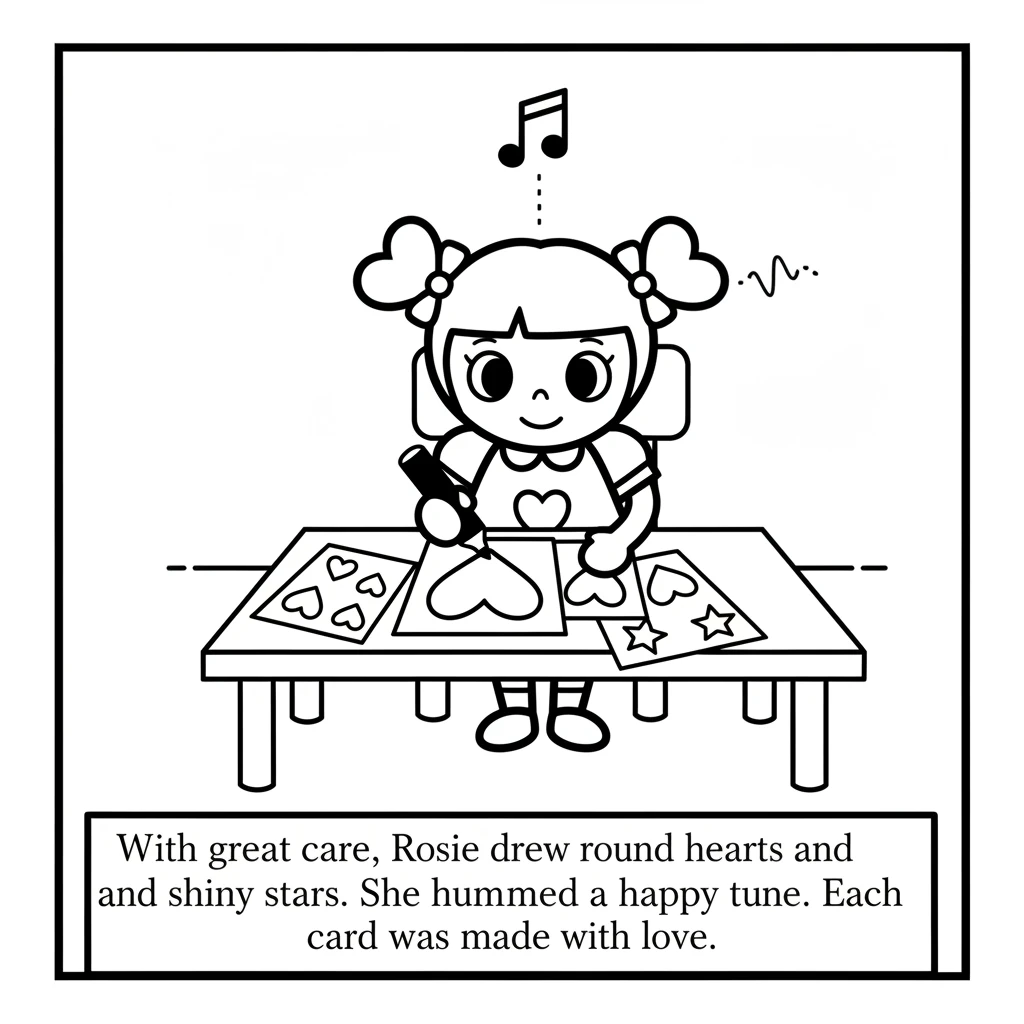 With great care, Rosie drew round hearts and shiny stars on each piece of paper. She hummed a happy tune as she worked. Each card was made with love.