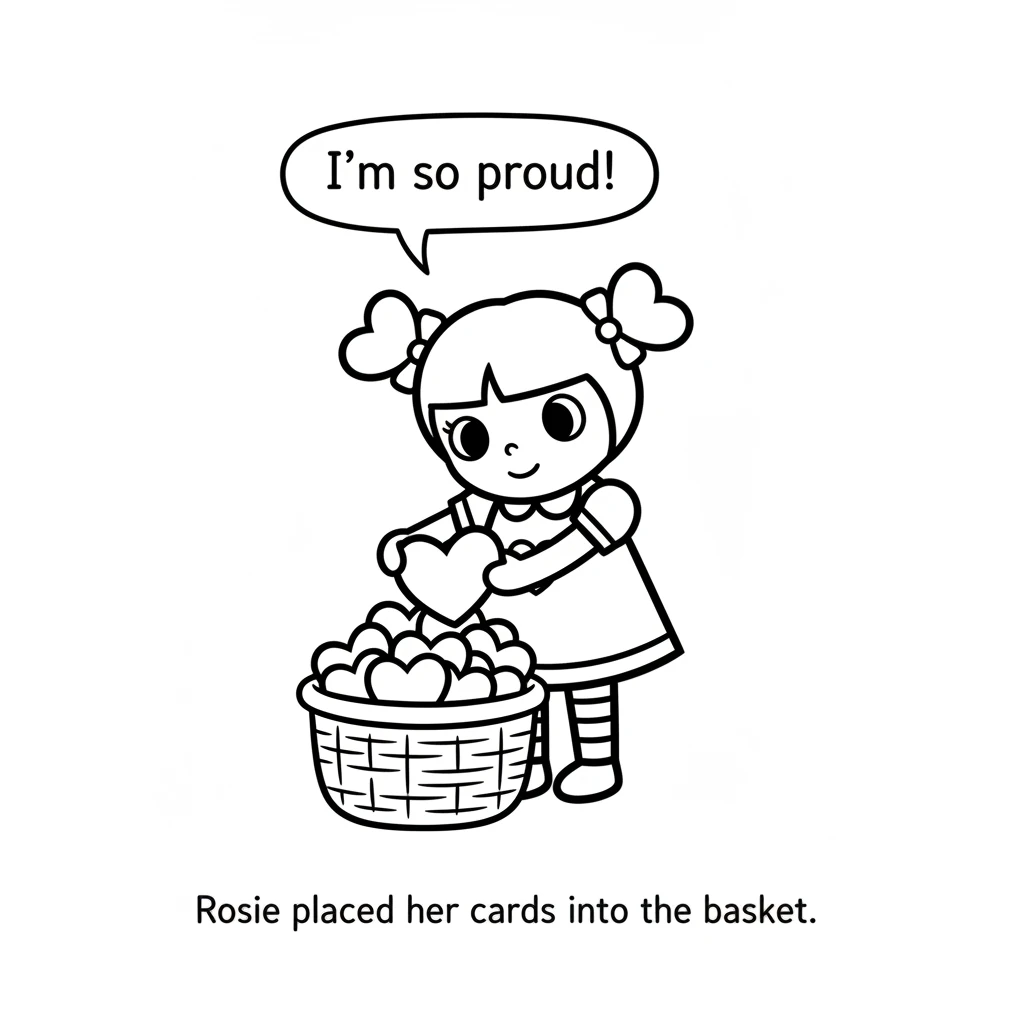 When all the cards were finished, Rosie gently placed them into a small, woven basket. The basket was almost overflowing with her heartfelt creations.