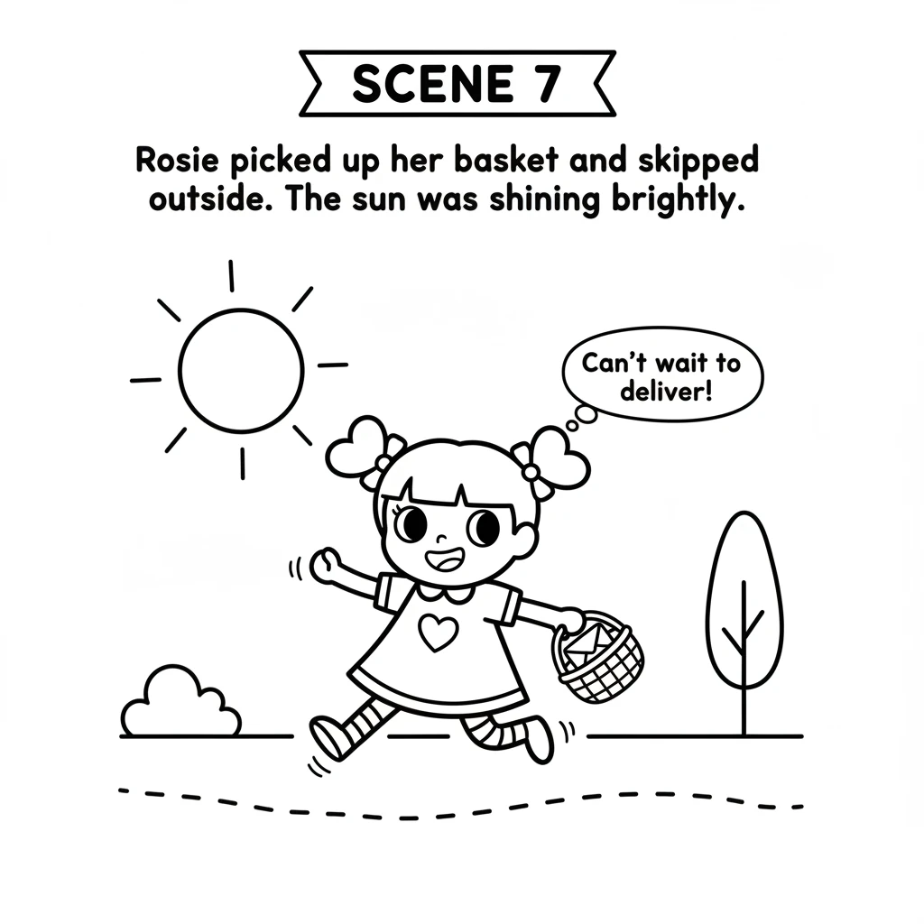 Rosie picked up her basket and skipped outside. The sun was shining brightly, ready to light her path. She couldn't wait to deliver her special messag