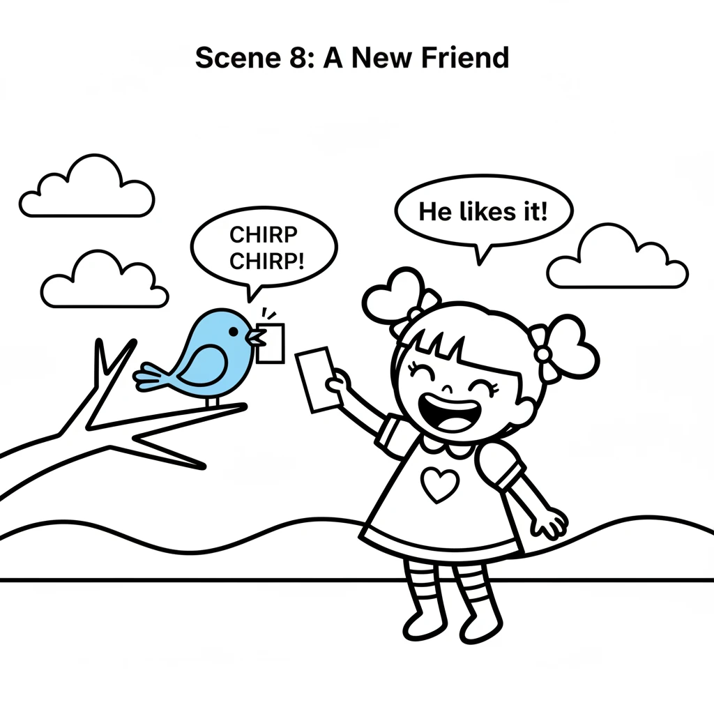 Her first friend was a little blue bird perched on a branch. Rosie held up a card, and the bird chirped happily, taking it gently in its beak. Rosie g