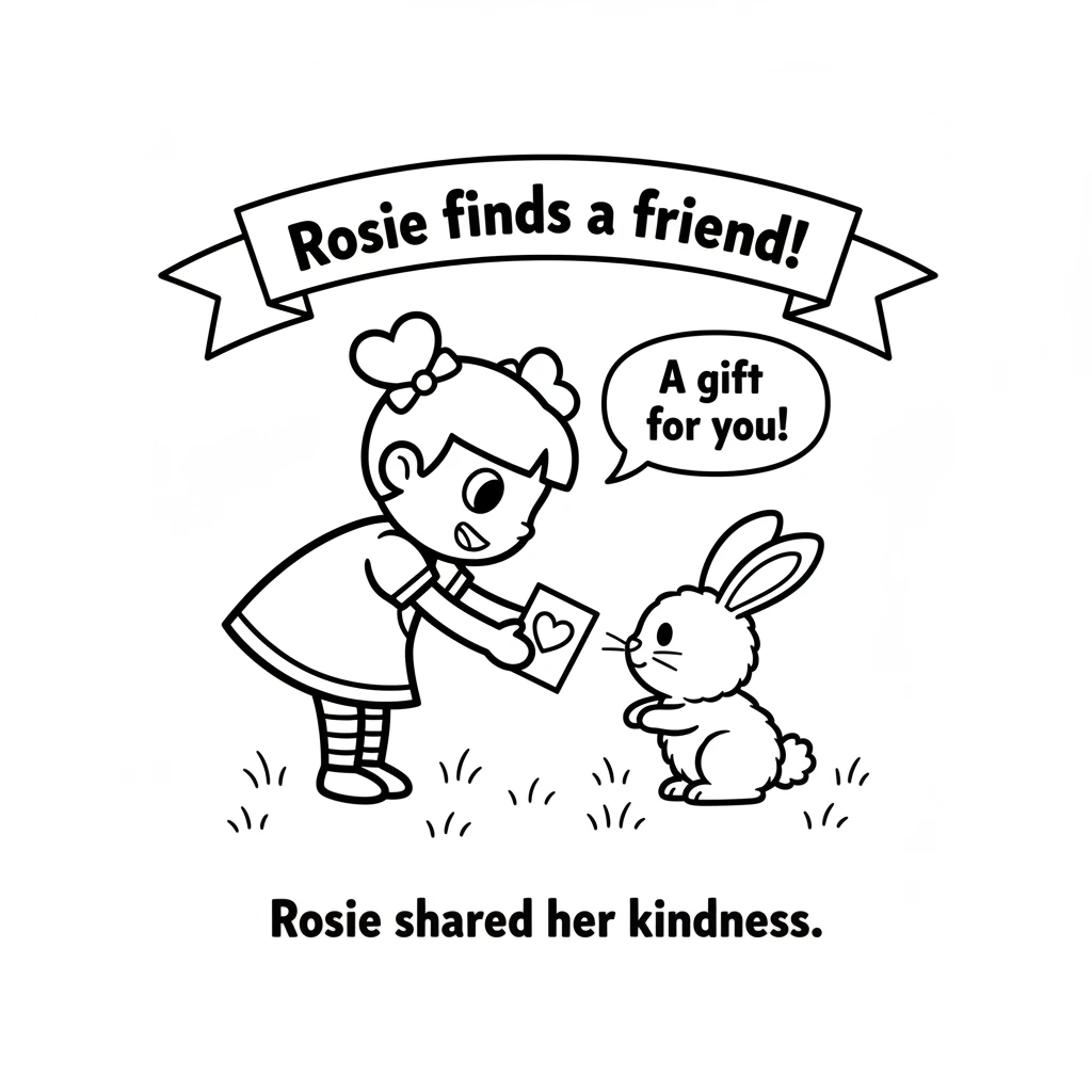 Next, Rosie found a fluffy, bouncy bunny hopping in the grass. She offered a heart card, and the bunny twitched its nose, accepting the sweet gift. Ro