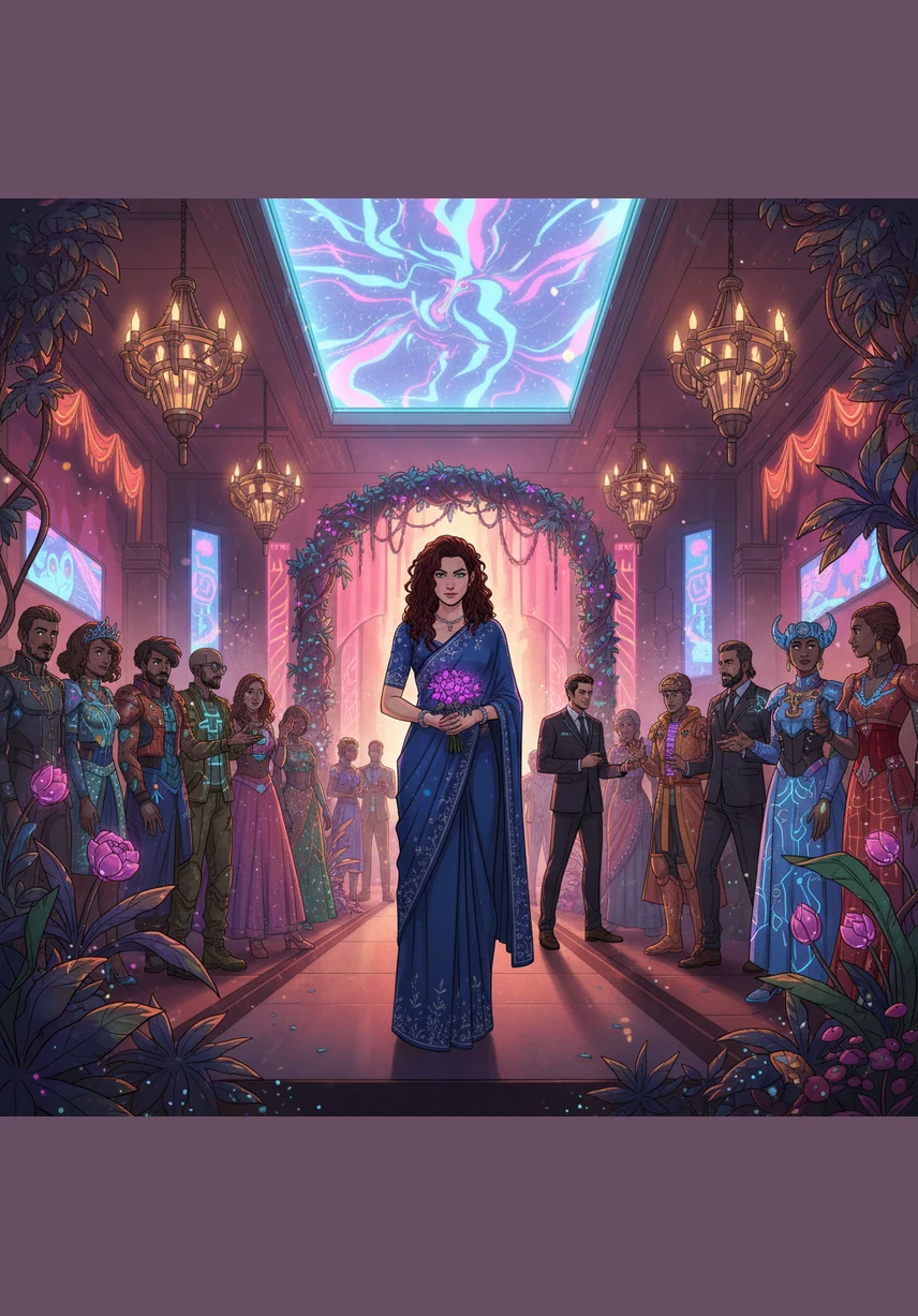 The grand wedding hall is filled with flowers and lights as Kiran arrives for her best friend’s special day. She wears a simple, elegant saree that highlights her natural grace, making her stand out effortlessly among the extravagant and flashy guests.