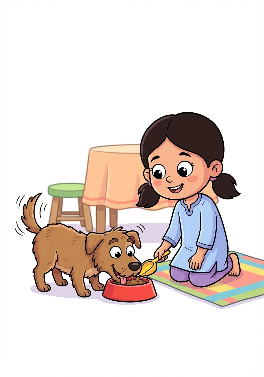 First, Shasmitra carefully feeds Bhairava his breakfast. He gobbles it down with happy barks and tail wags.