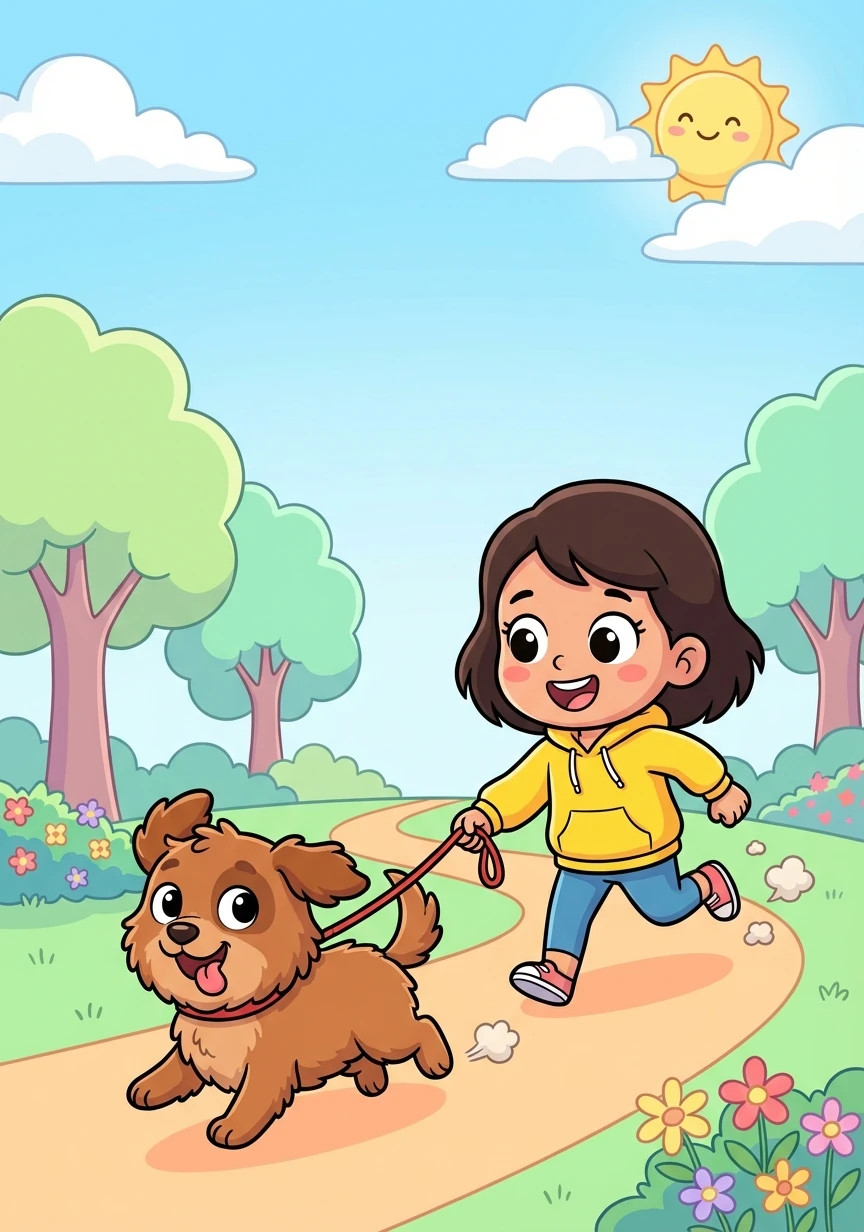 After breakfast, it's time for a walk! Shasmitra grabs Bhairava's leash, and they run to the park together.