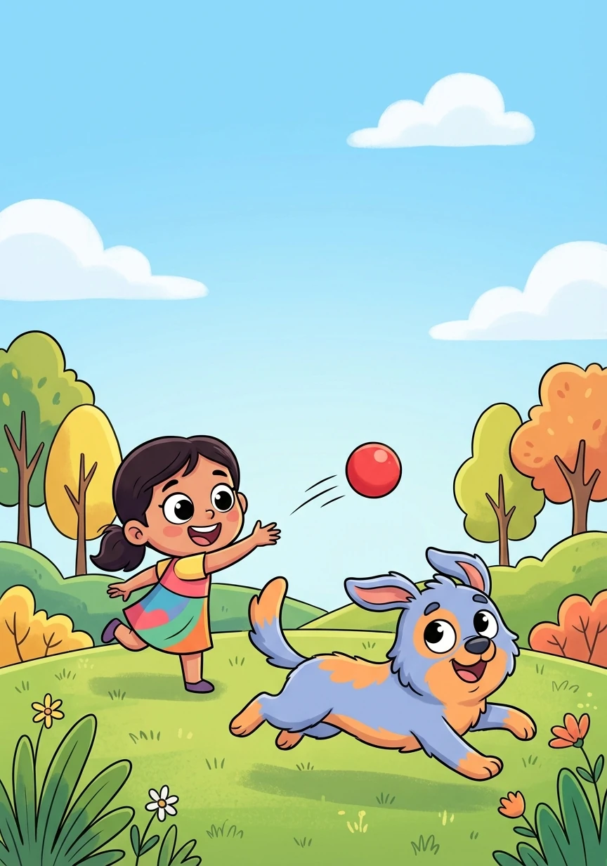 At the park, Shasmitra throws a bright red ball. Bhairava chases after it, leaping and bounding through the grass.