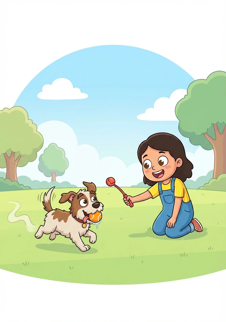 Bhairava loves to play fetch! He brings the ball back to Shasmitra, ready for another exciting throw.