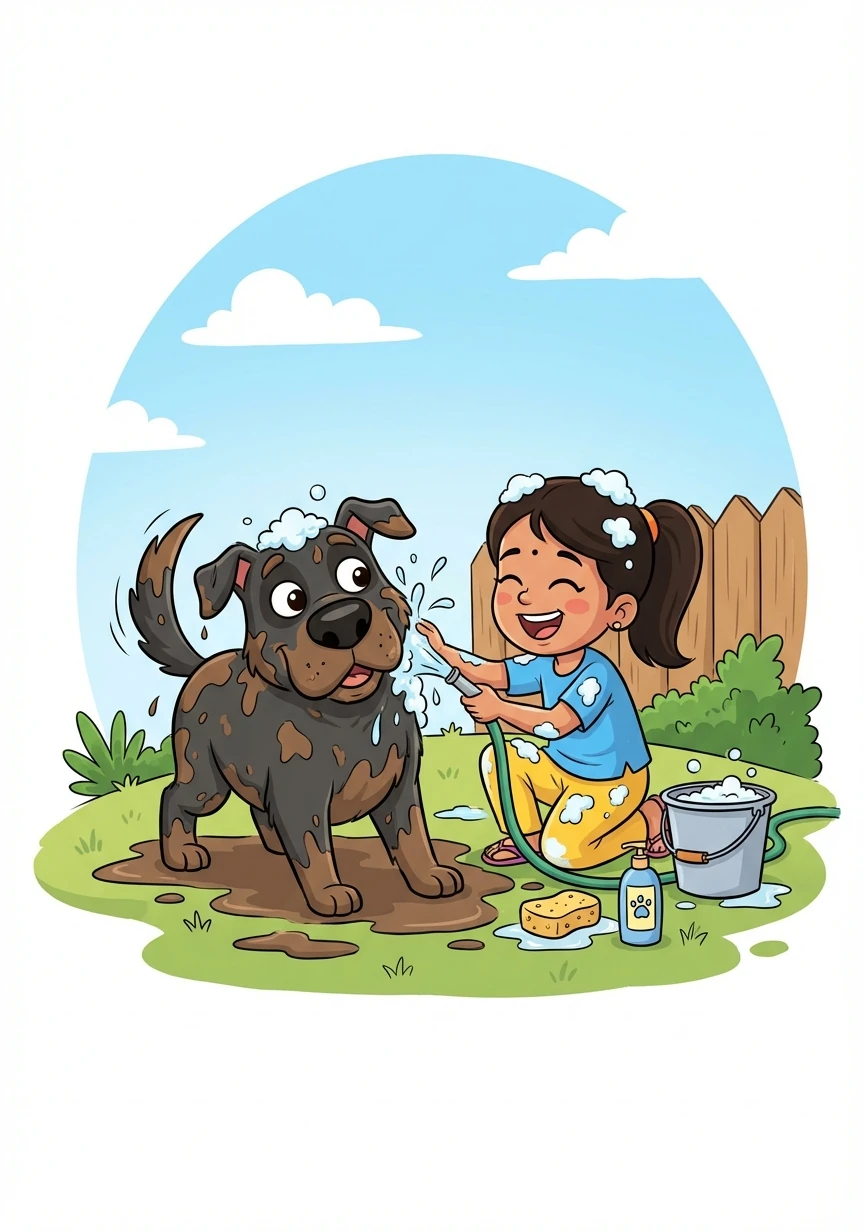 After their playful run, Bhairava is covered in mud! Shasmitra gently washes him with warm water and soap.