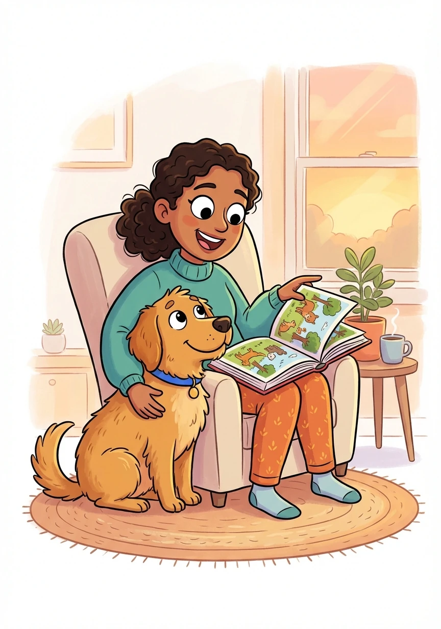 Now it's time to relax. Shasmitra reads a story to Bhairava, who snuggles close, listening attentively.