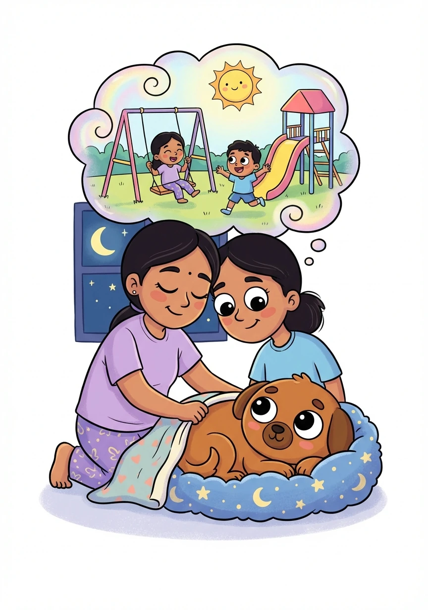 Finally, it's bedtime. Shasmitra tucks Bhairava into his cozy bed. They both drift off to sleep, dreaming of another fun-filled day.