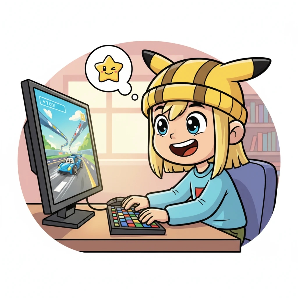 With a quick, secret tap, Max opened the racing game. His fingers flew across the keyboard, guiding a speedy car through a virtual track. He giggled quietly, completely absorbed in the bright lights and fast action, forgetting all about Miss Lily's instructions and the math lesson. A tiny bubble of joy and mischief floated above his head.