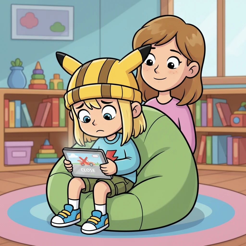 Max felt a big wave of embarrassment wash over him. He slowly closed the racing game, his shoulders slumping a little. The fun feeling had vanished, replaced by a small knot of disappointment in his tummy. He looked down at his lap, avoiding Miss Lily's gaze, wishing he hadn't clicked that game.