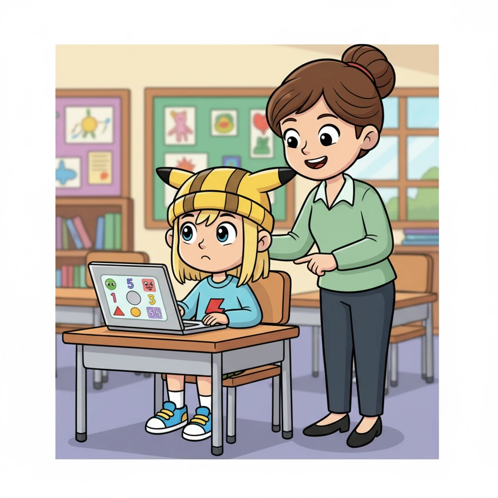 Miss Lily put a gentle hand on his shoulder. "Chromebooks are amazing tools for learning, Max," she explained, pointing to the math game. "When we use them for our schoolwork, we can discover so many cool things and get really smart! Games are fun, but there's a special time for them." Max slowly looked up, listening carefully.