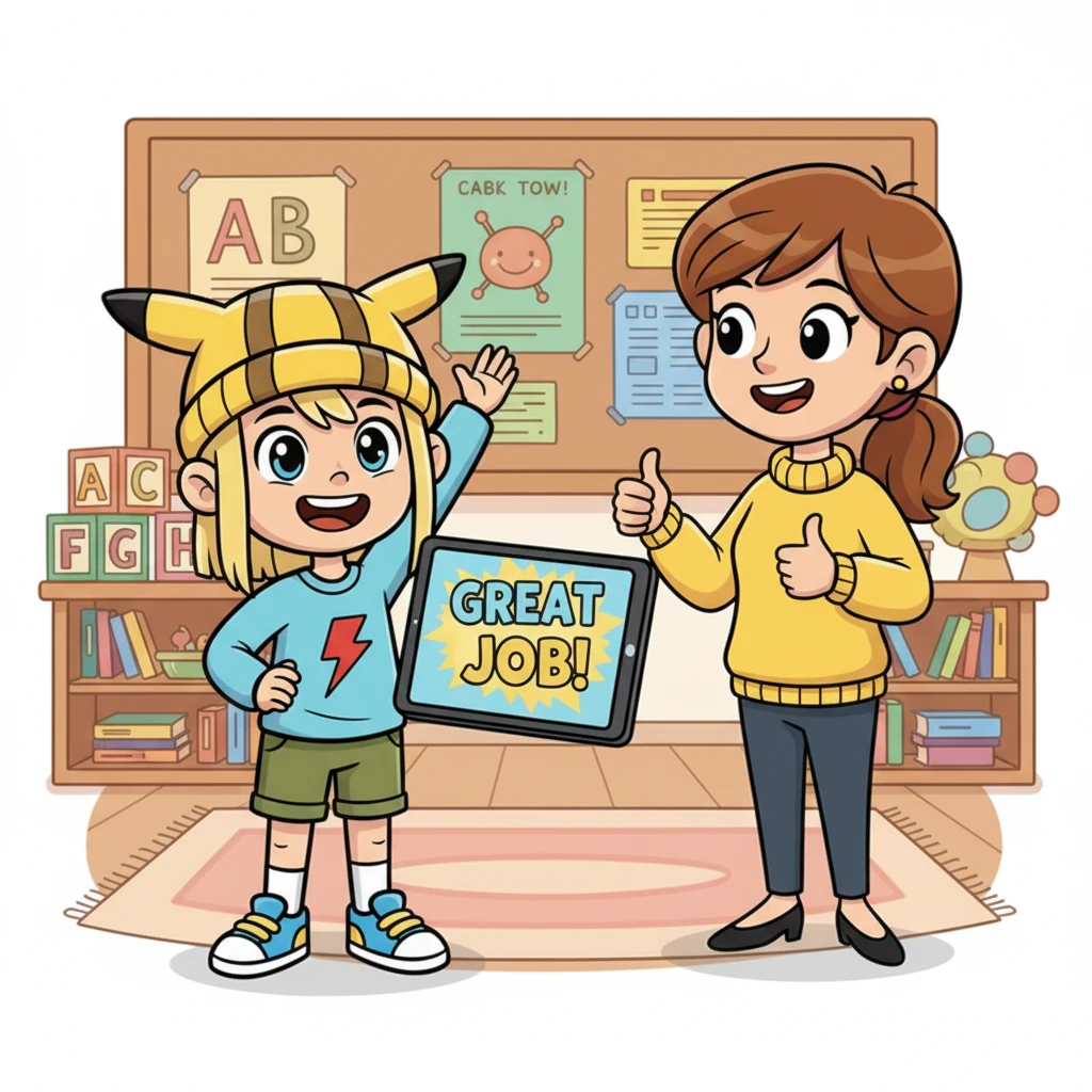 Soon, Max had finished all his shape matching, his screen proudly displaying a "Great Job!" message. He beamed, raising his hand excitedly to show Miss Lily. She gave him a big thumbs-up and a warm smile, praising his hard work and focus. Max felt a wonderful feeling of accomplishment.