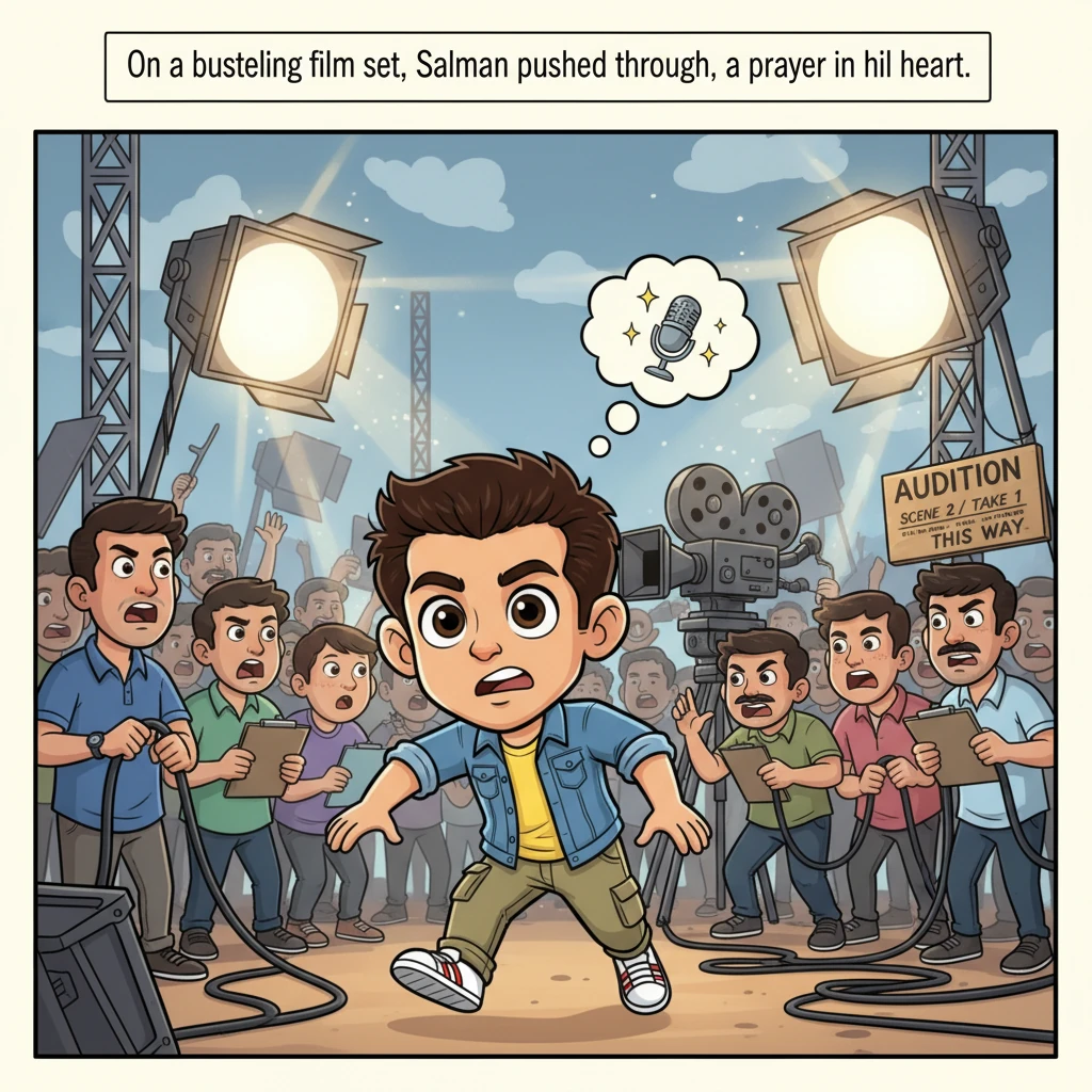 On a raw, bustling film set, a young Salman pushes through the chaotic energy, trying to catch the director's eye amidst the glare of arc lights and s