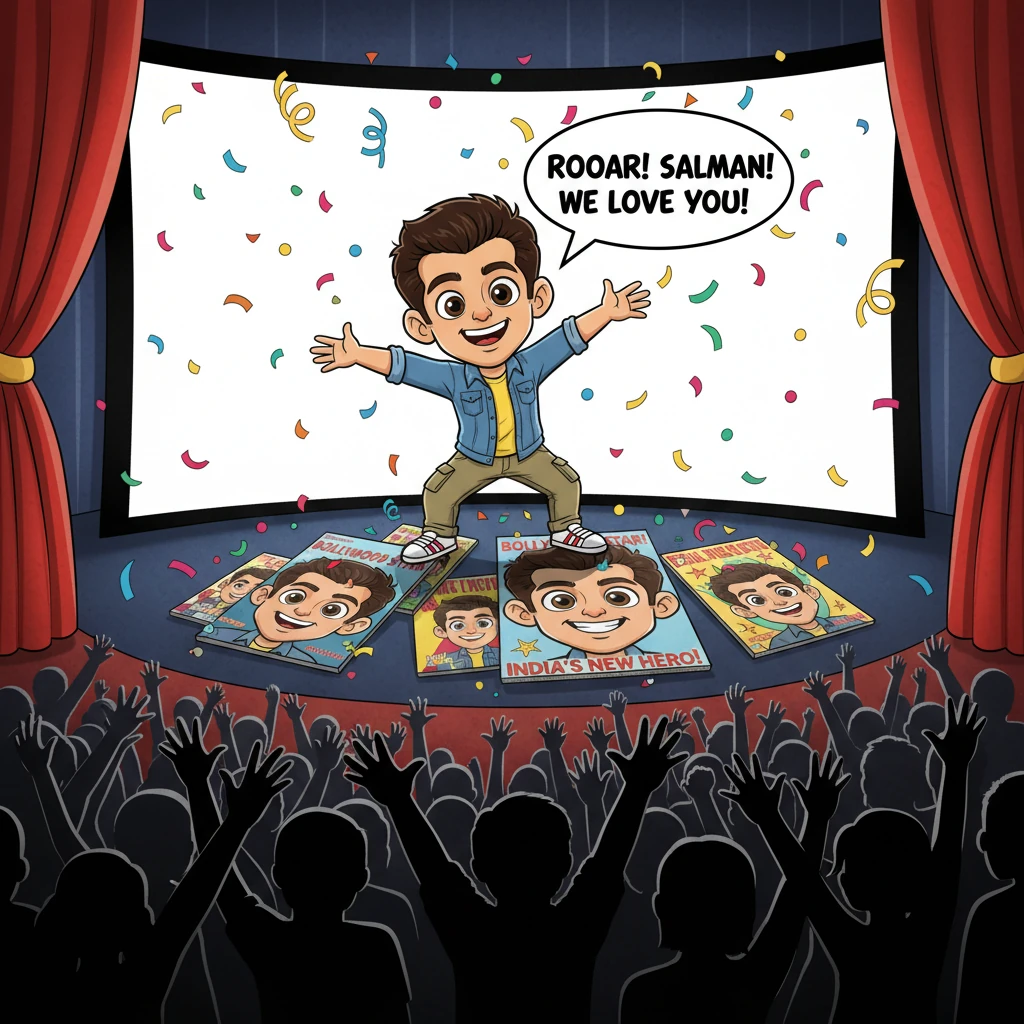 Salman stands triumphant on a colossal cinema screen, his signature move electrifying audiences across India as confetti rains down in a packed theate