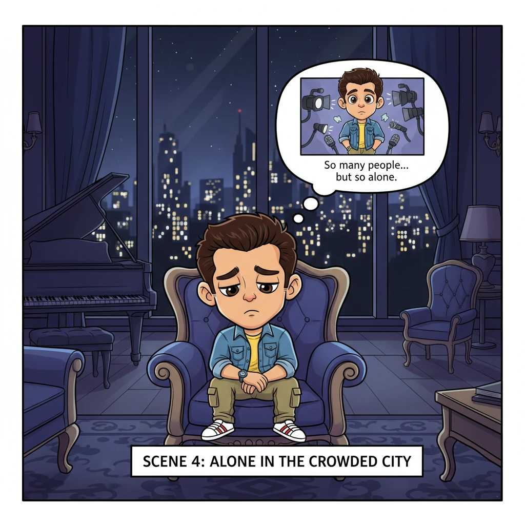 Behind the dazzling facade of fame, Salman sits alone in his opulent apartment, the city lights twinkling outside like distant, indifferent stars. A h