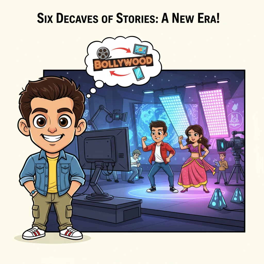 Salman watches a new generation of stars on a sleek, modern film set, witnessing the dramatic evolution of Bollywood and Indian society over six decad