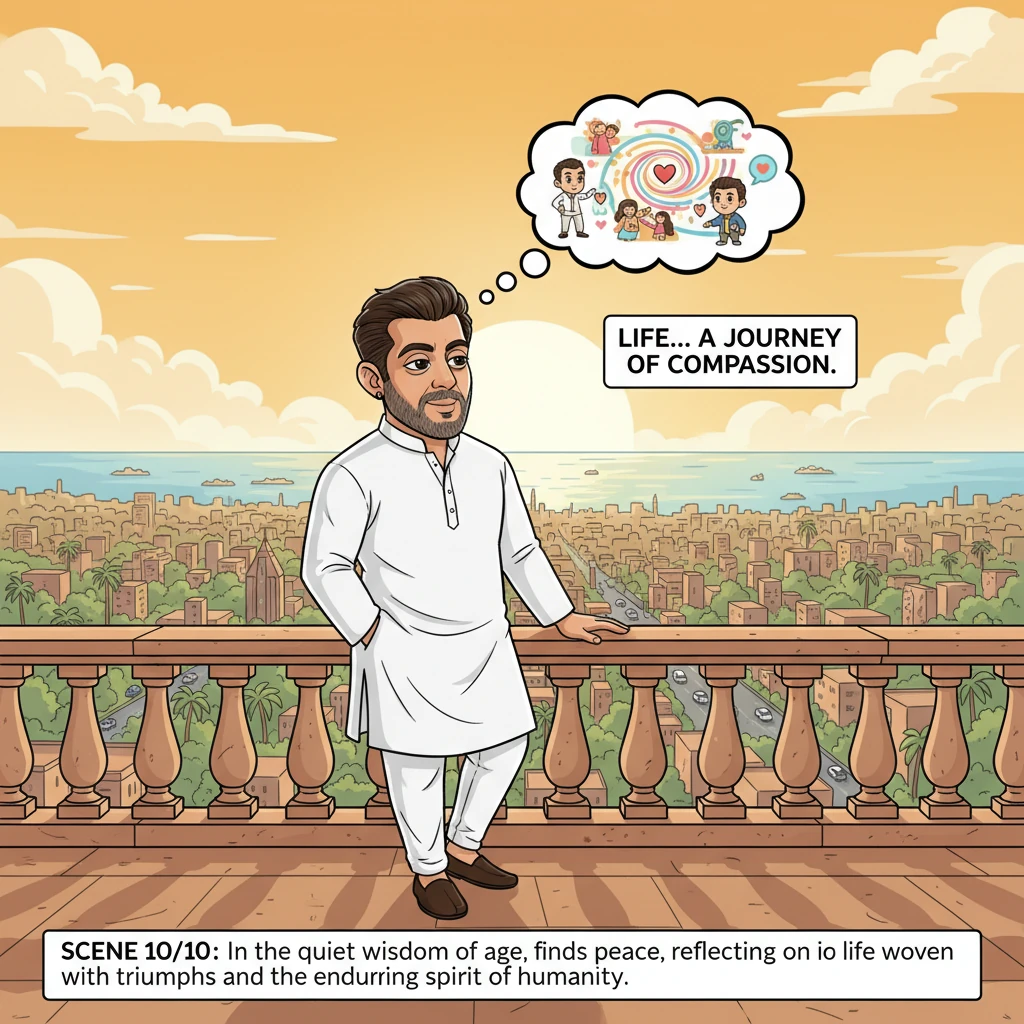 Standing on a balcony overlooking the sprawling, timeless city of Mumbai, Salman, now a venerable figure, contemplates his journey, his legacy, and th