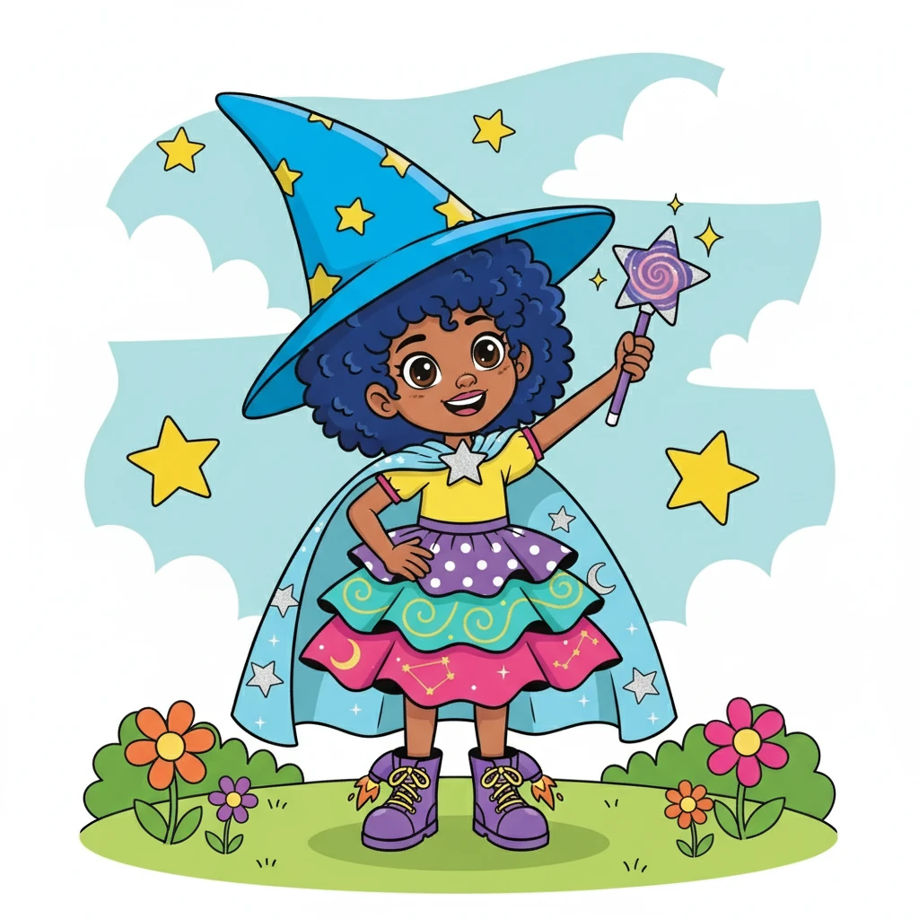 Stella held her head high, a bright blue hat perched atop it. The hat was covered in tiny, twinkling yellow stars. She smiled, feeling the excitement of a magical day about to begin.
