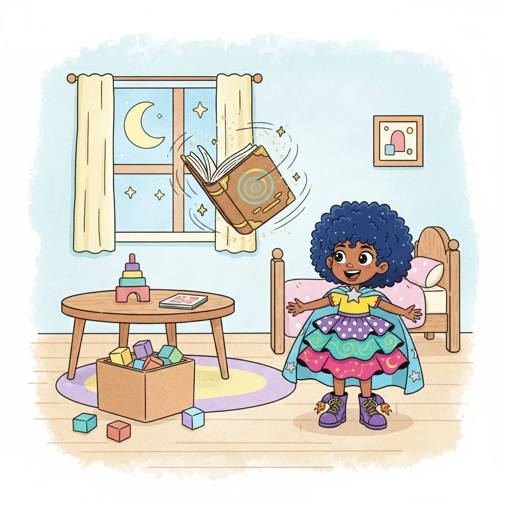 Her book, usually resting on the table, suddenly lifted into the air! It spun and twirled, soaring around the room like a happy bird. Stella giggled, her eyes wide with amazement.