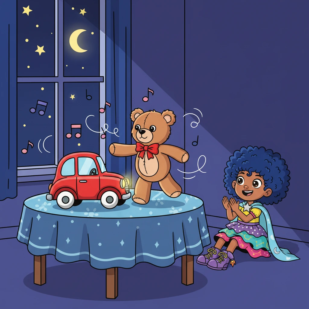The toys on the table, a teddy bear and a toy car, sprang to life! They began to waltz and boogie, their movements filled with joyful energy. The room was now filled with playful music.