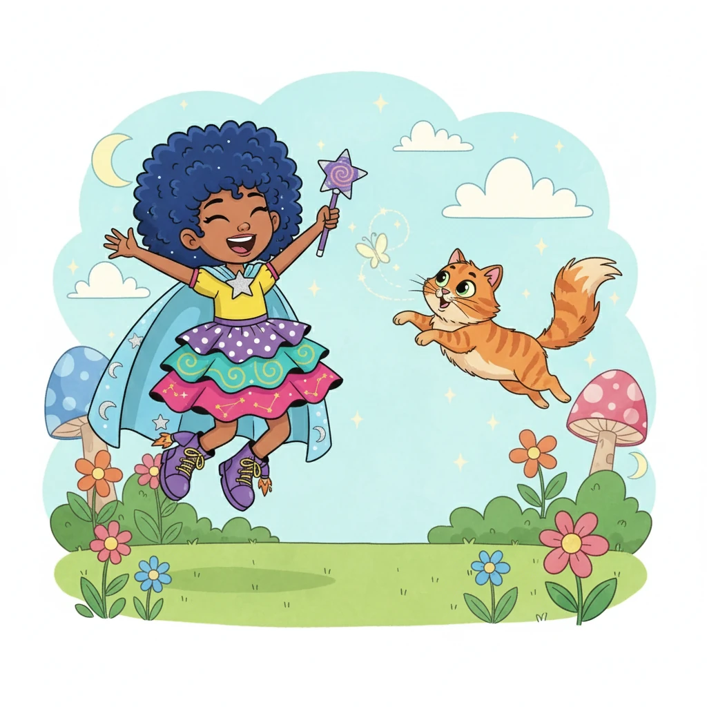 Even her cat, Whiskers, felt the magic. He leaped and bounded, his fluffy tail swishing with delight. He chased imaginary butterflies, his purrs echoing Stella's laughter.