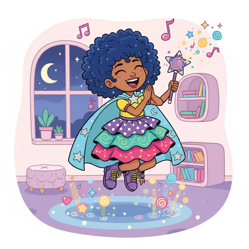 Stella clapped her hands, her laughter echoing around the room. She was surrounded by the magic she created, feeling happy and thrilled. It was the best magic day ever!