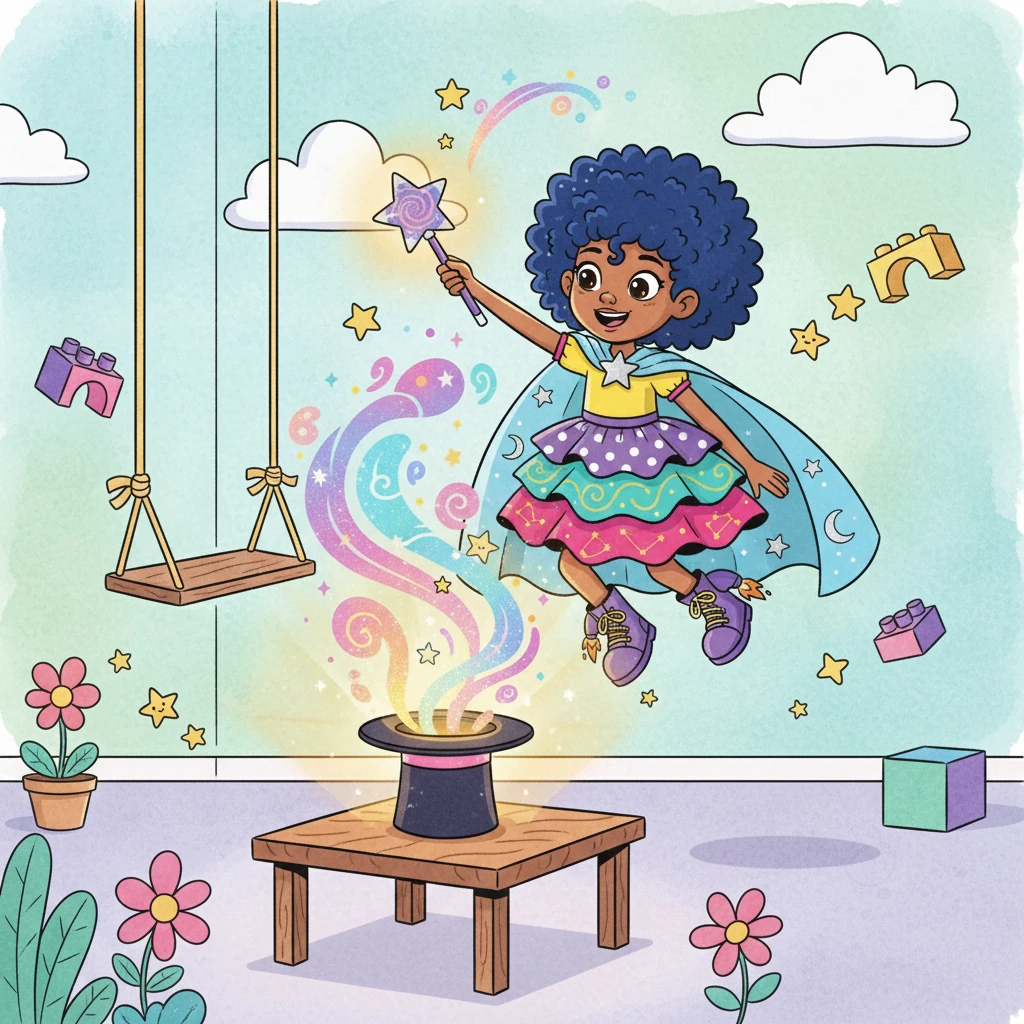 The magic continued to swirl around the room as the hat glowed, illuminating the scene. The room was transformed into a playground of fun and wonder, brought to life by Stella's imagination.