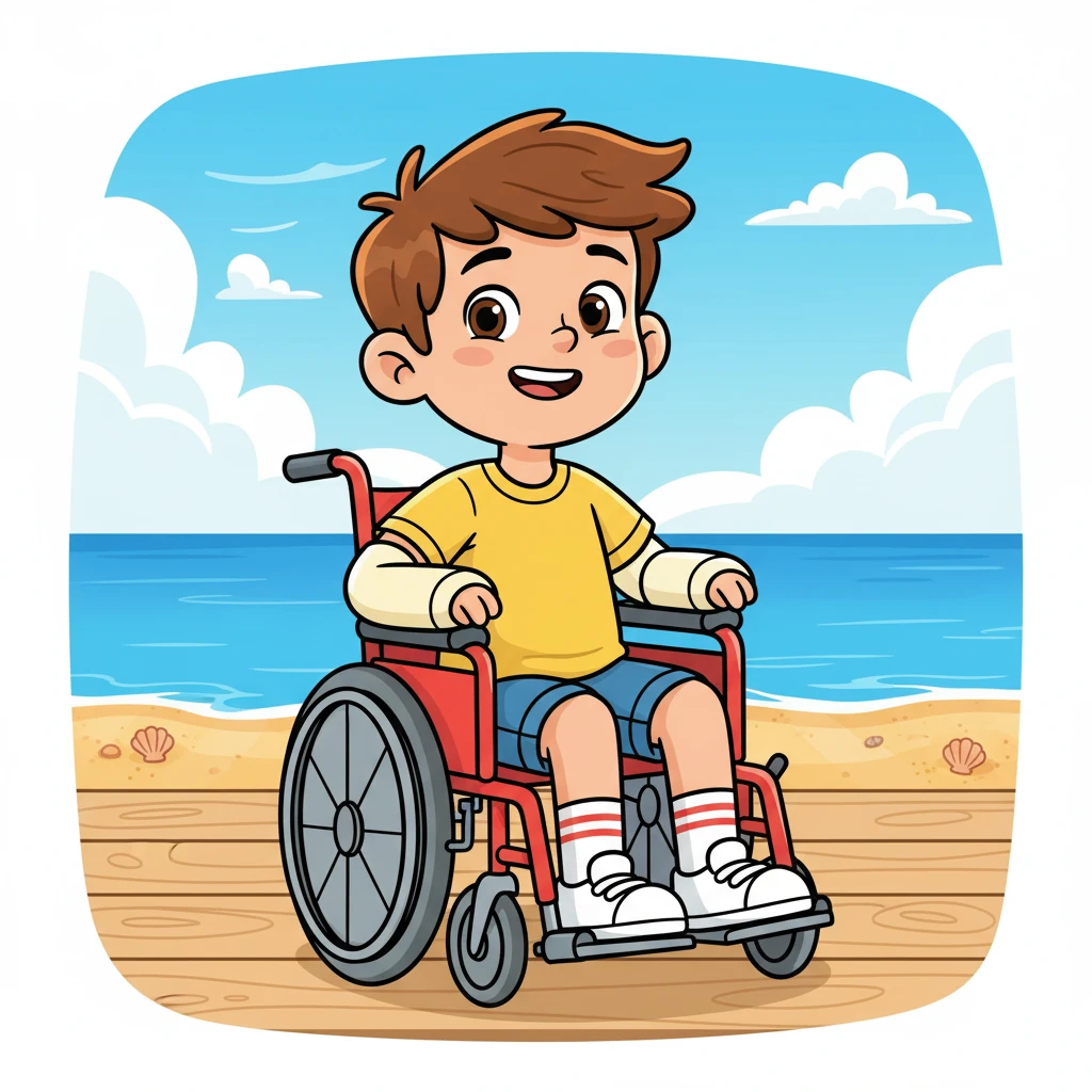 Leo sat in his bright red wheelchair on the sunny beach boardwalk, a wide, happy grin on his face. The golden sun kissed his handsome features, and his foam-padded stumps rested comfortably. He felt the gentle ocean breeze ruffle his hair.