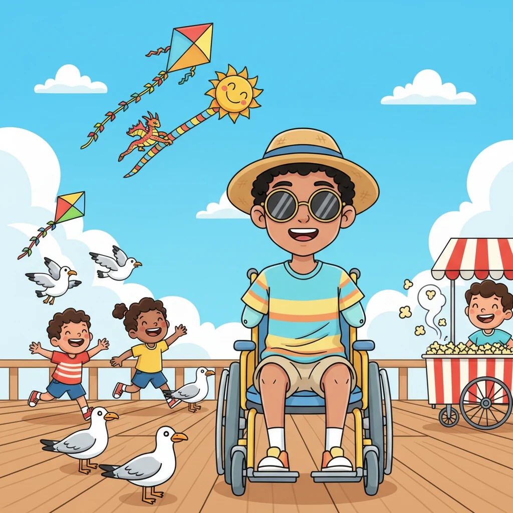 Around him, the boardwalk buzzed with cheerful activity. Children giggled as they chased seagulls, colorful kites danced high above, and the delicious scent of popcorn wafted through the air. Leo watched it all with sparkling eyes, feeling completely at home amidst the joyful chaos.