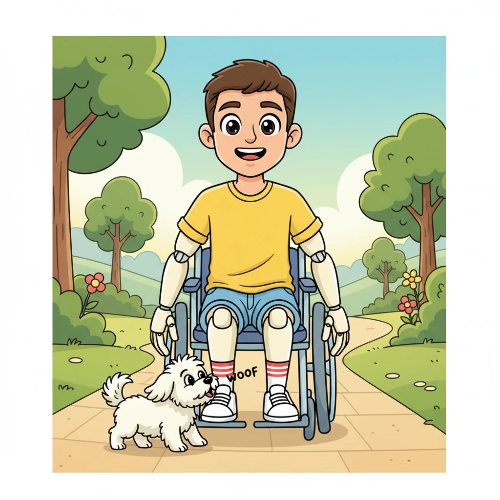 Suddenly, a tiny, fluffy white dog, all wagging tail and boundless energy, trotted right up to Leo's wheelchair. It sniffed his knee pads curiously, then let out a happy little 'woof!' Leo chuckled, delighted by the unexpected visitor.