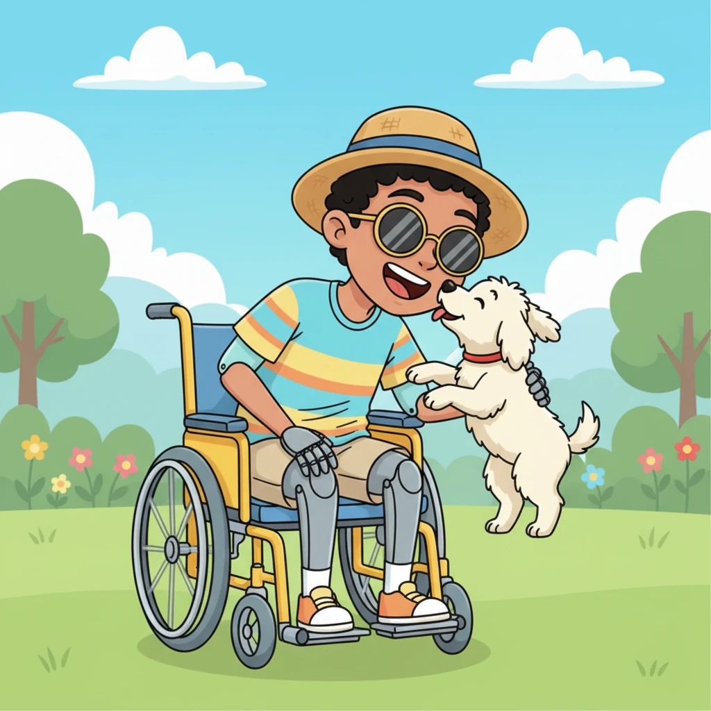 Leo leaned forward slightly, offering a friendly, encouraging smile. The little dog, sensing his warmth, playfully licked Leo's cheek, making him burst into laughter. It was a sweet, shared moment of pure joy between new friends.