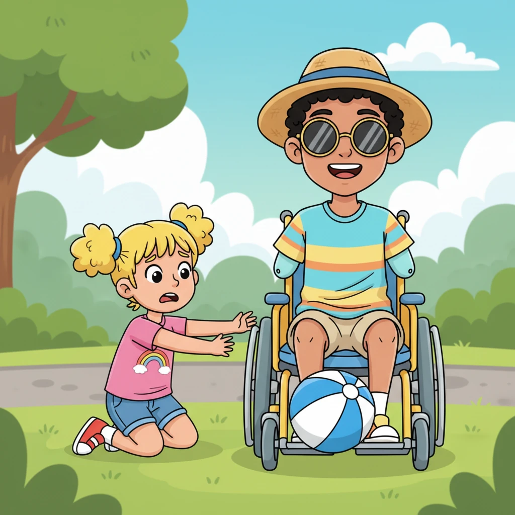 A few moments later, a young girl with bright pigtails, Maya, was chasing her bright blue beach ball when it bounced unexpectedly. With a soft thump, it rolled right under Leo's wheelchair, just out of her reach. Maya looked a little worried.