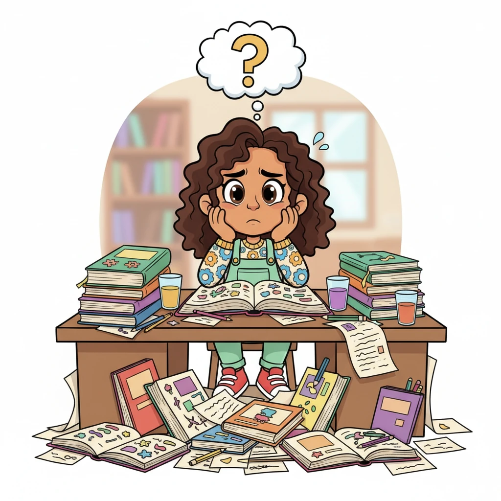 Sofía está sentada en su escritorio, rodeada por montañas de libros abiertos y papeles desordenados. Su expresión es de ligera desesperación, con una nube de interrogación sobre su cabeza. El escritorio está lleno de lápices de colores y vasos medio vacíos, mostrando el arduo trabajo. Parece que la tarea es demasiado grande.