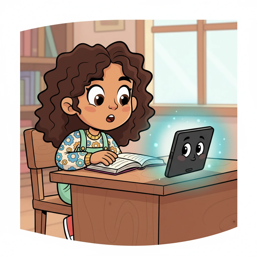 De repente, una pequeña tableta con una cara amigable y brillante, llamada Cerebrito, se ilumina en la esquina del escritorio. Sus ojos redondos parpadean con curiosidad hacia Sofía, emitiendo un suave halo de luz azul. Esta aparición inesperada capta la atención de Sofía de inmediato.